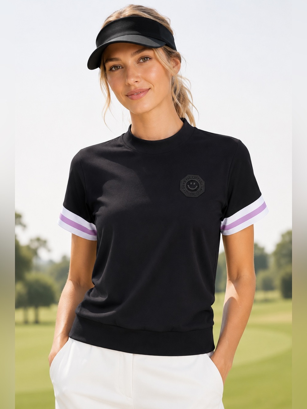Pearly Gates Black Golf Mock Neck Performance Top Sz 1 S Smiley Logo Korean